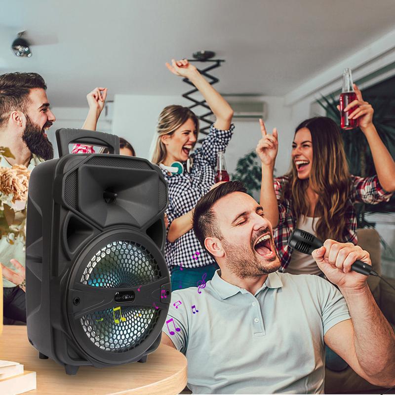 Portable Speaker system With Microphone Rechargeable Wireless Party Speaker 8inch Party Box Bluetooth FM Radio LED Lighting Audio Remote Control