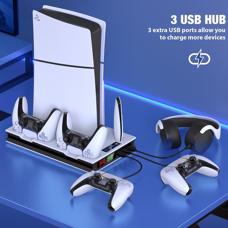 PS5 Stand and Cooling Station with Controller Charging Station for PS5 Slim PS5 PS5 Pro, PS5 Accessories Incl,3 Levels Cooling Fan, 3 USB Hub, Headset Holder, Media Slot for PS5 Slim&PS5 Disc Digital Console