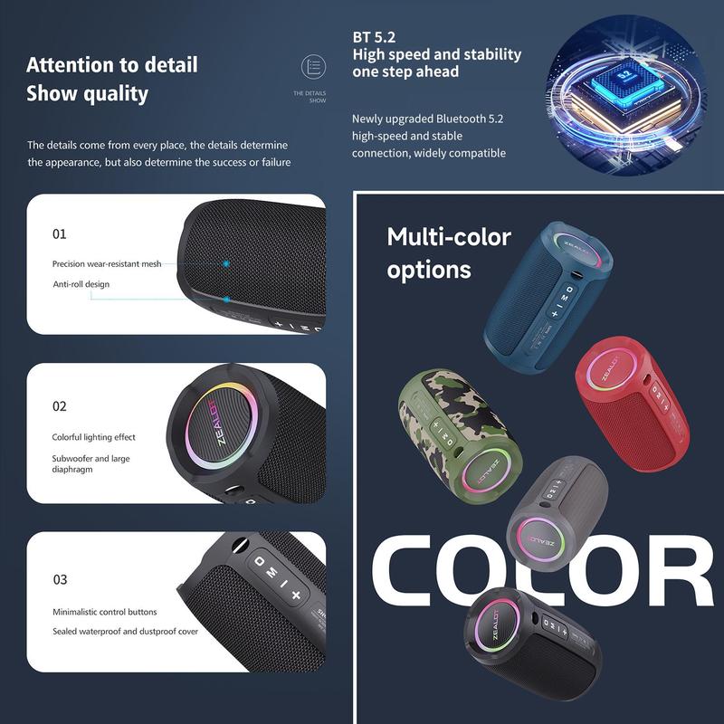 ZEALOT Portable Wireless Speaker, Waterproof Wireless Speaker, 20W Peak Power Stereo Sound Speaker with RGB Light, Long Endurance Speaker for Home Outdoor Party