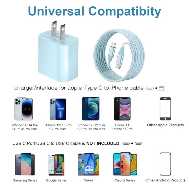 20W PD Wall Charger & 20W 6FT Fast Charging Cable Set for Summer, 3 Sets Type-C Wall Charger with Cable for iPhone 14 13 12 Pro Max 12Mini 11 Pro XR, Portable Charger for iPhone, Phone Accessories, Smartphone Charger Cable, Stocking Fillers Gift