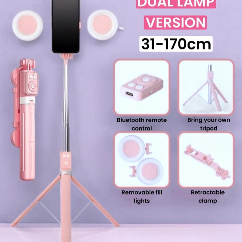 Selfie Stick Tripod Stand for cell phone, Extendable Travel Tripod Ring Light with Bluetooth Remote, 2 Fill Lights, Stable Tripod Stand (Compatible with all iphone & Android phones) Cell Phone Accessories Cellphone Smartphone selfiestick