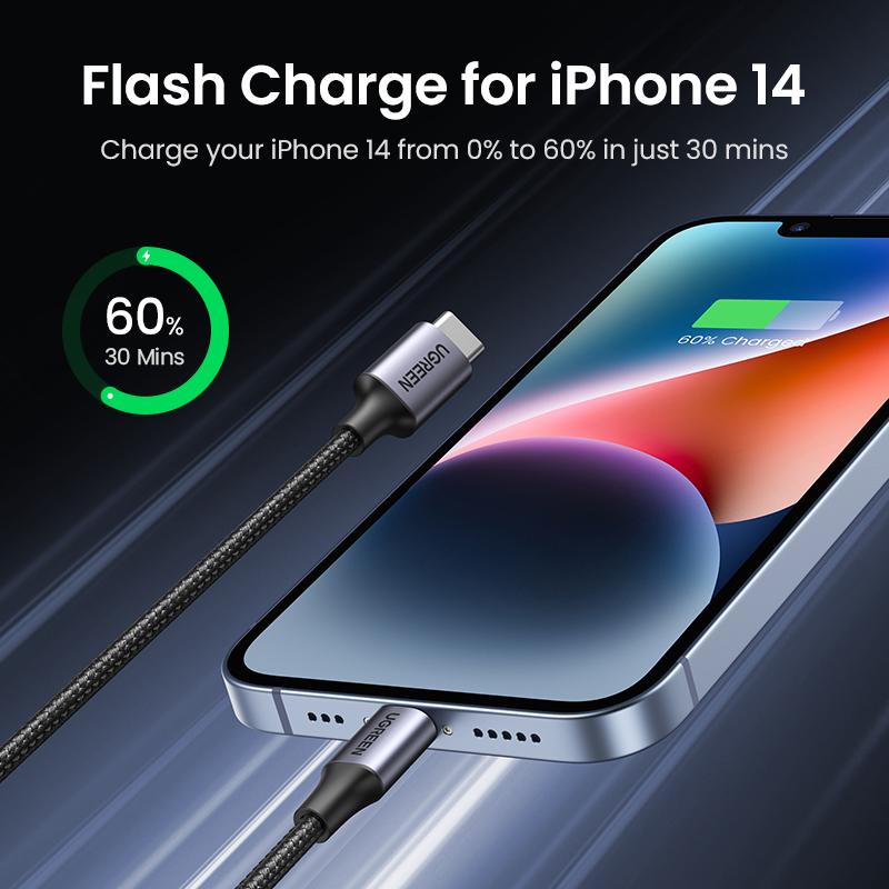 UGREEN USB C to Lightning Cable. MFi Certified. Charging & Data Cable. Compatible with iPhone 14 14 Pro 14 Pro Max, 13 12 11 X XR XS 8 Series, iPad 9, AirPods Pro & More. Ideal for Back to School. Connector for Multiple Devices.