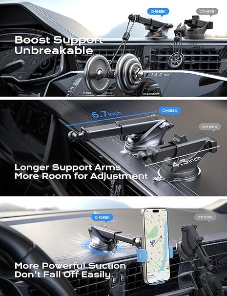 CHGeek Wireless Car Charger, 15W Fast Charging Auto-Clamping Cellphone Car Adapter Mount for iPhone 16 15 14 13, Smartphone Electronic Phone Holder