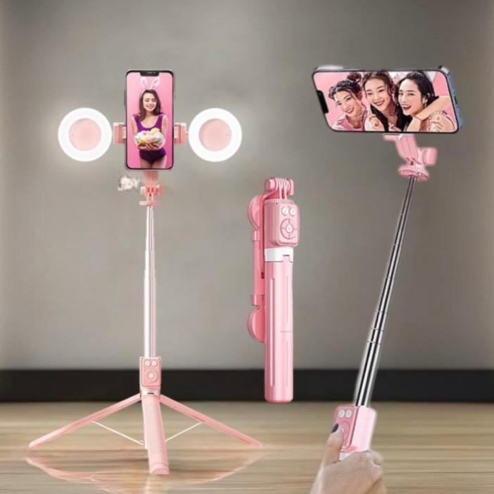 Selfie Stick Tripod Stand for cell phone, Extendable Travel Tripod Ring Light with Bluetooth Remote, 2 Fill Lights, Stable Tripod Stand (Compatible with all iphone & Android phones) Cell Phone Accessories Cellphone Smartphone selfiestick