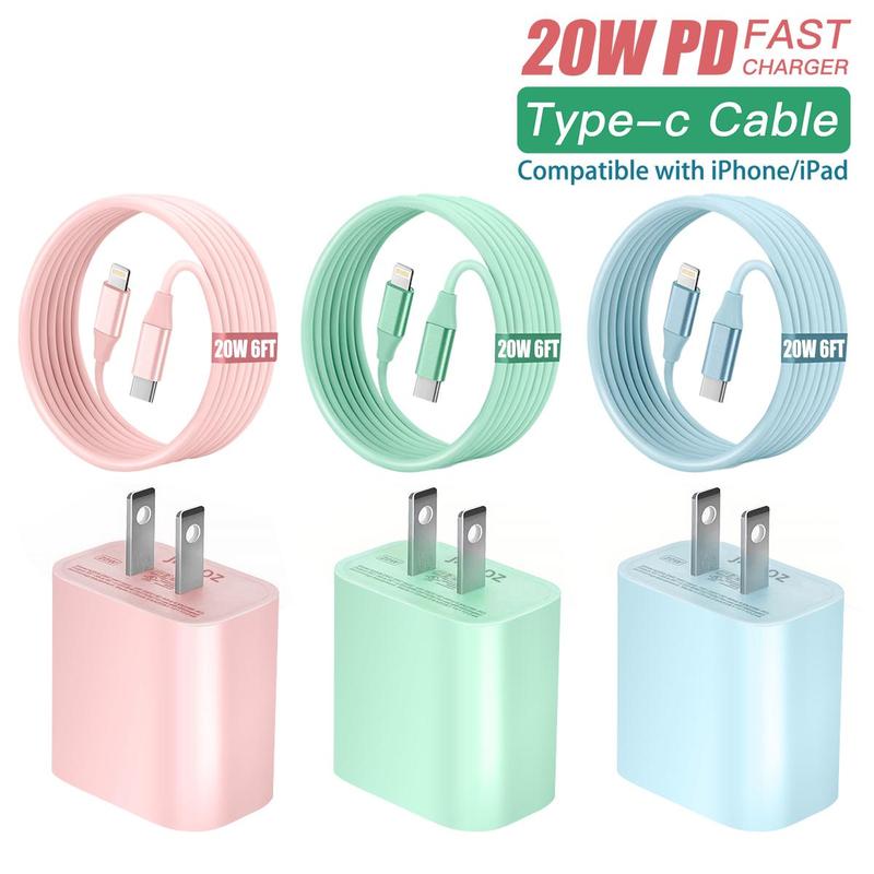 20W PD Wall Charger & 20W 6FT Fast Charging Cable Set for Summer, 3 Sets Type-C Wall Charger with Cable for iPhone 14 13 12 Pro Max 12Mini 11 Pro XR, Portable Charger for iPhone, Phone Accessories, Smartphone Charger Cable, Stocking Fillers Gift