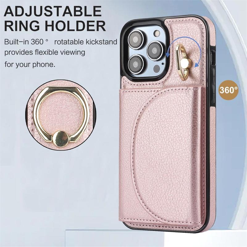 Leather Case for iPhone 16 15, Card Pocket&Ring Kickstand Durable Phone Cases for iPhone 16 15 Pro Max 14 13 12 11 Case,1 Count Card Holder Pocket Anti-fall Business PU Leather Mobile Phone Protective Case