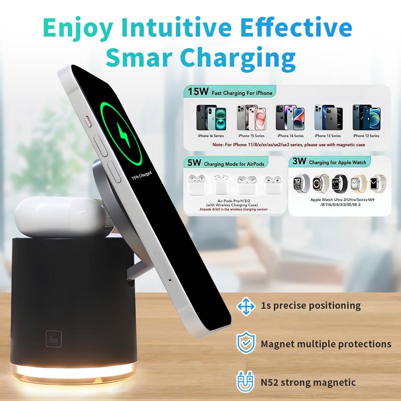 4 in 1 Charging Station for Apple, Wireless Magnetic Charger Station for iPhone, Fast Wireless Charger Travel Dock Adapter&Light for iPhone 16 15 14 13 12,for iWatch & AirPods.