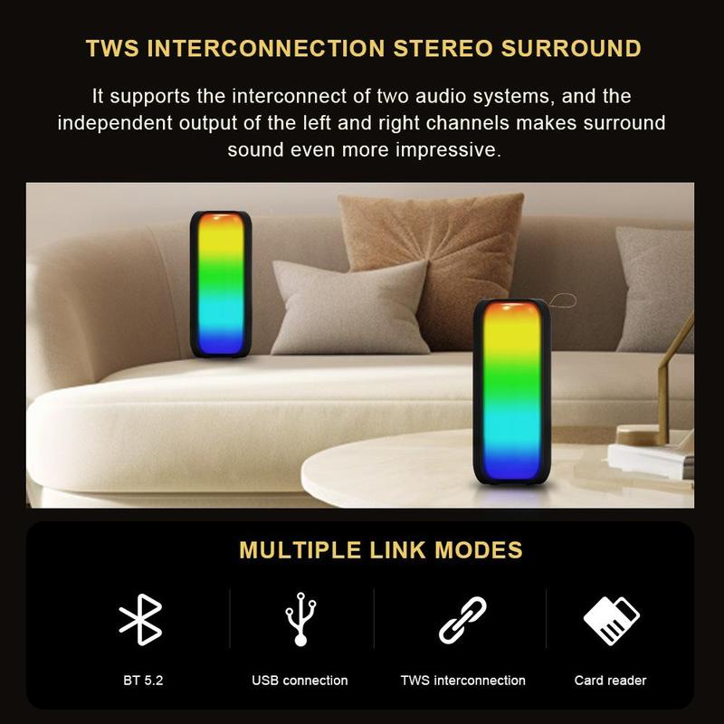 MS-2215BT Portable Wireless Speaker, 1 Count RGB LED Lights, Music Sync Color Changing Lights with 5 Light Modes, TWS Couplet Function