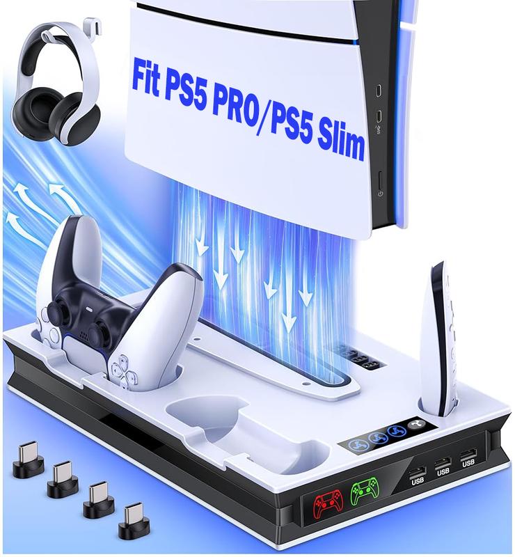 PS5 Stand and Cooling Station with Controller Charging Station for PS5 Slim PS5 PS5 Pro, PS5 Accessories Incl,3 Levels Cooling Fan, 3 USB Hub, Headset Holder, Media Slot for PS5 Slim&PS5 Disc Digital Console