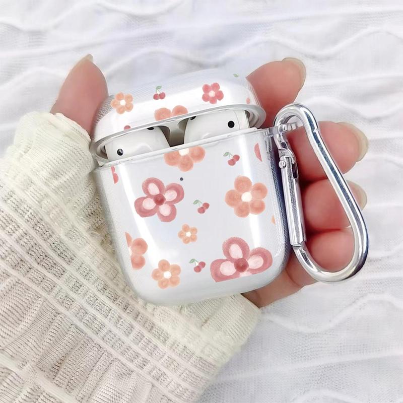 Portable Flower Pattern Earphone Case Compatible With AirPods, 1 Count Fashionable Anti-fall Earphone Protector Cover With Carabiner, Trendy Earphone Accessories