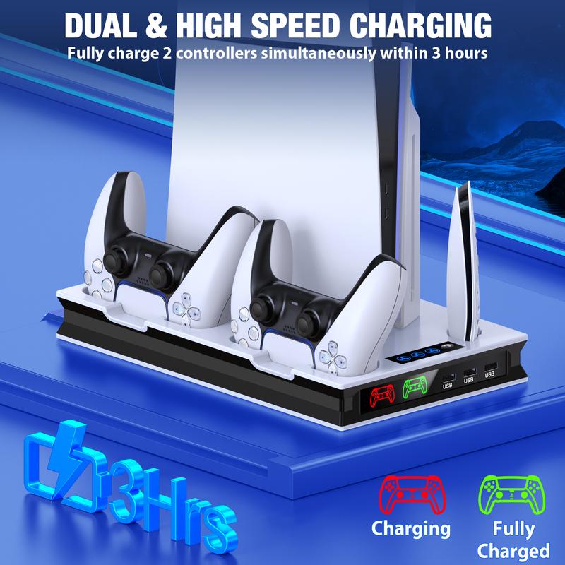 PS5 Stand and Cooling Station with Controller Charging Station for PS5 Slim PS5 PS5 Pro, PS5 Accessories Incl,3 Levels Cooling Fan, 3 USB Hub, Headset Holder, Media Slot for PS5 Slim&PS5 Disc Digital Console