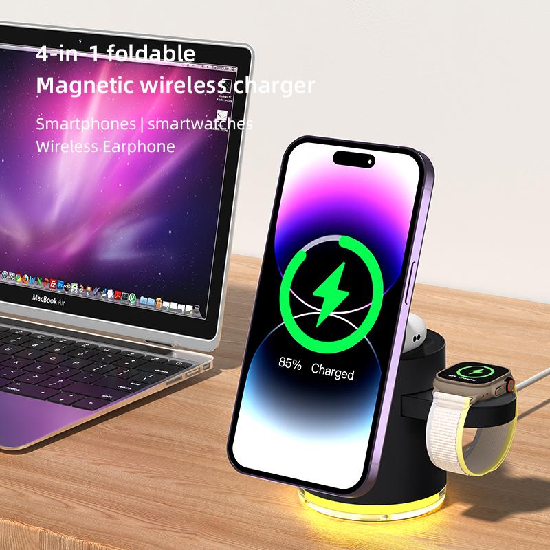 4 in 1 Charging Station for Apple, Wireless Magnetic Charger Station for iPhone, Fast Wireless Charger Travel Dock Adapter&Light for iPhone 16 15 14 13 12,for iWatch & AirPods.