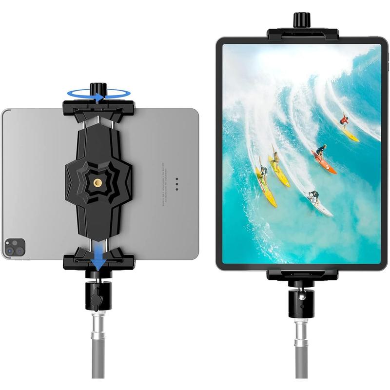 iPad and Phone Tripod Mount Adapter with Ball Head, iPad Holder for Tripod, 360 Rotatable Tablet Clamp Mount fits iPad Pro 12.9, iPad Air Mini 3 4, Galaxy Tab, Surface Pro, Selfie Stick(5.3-10.6