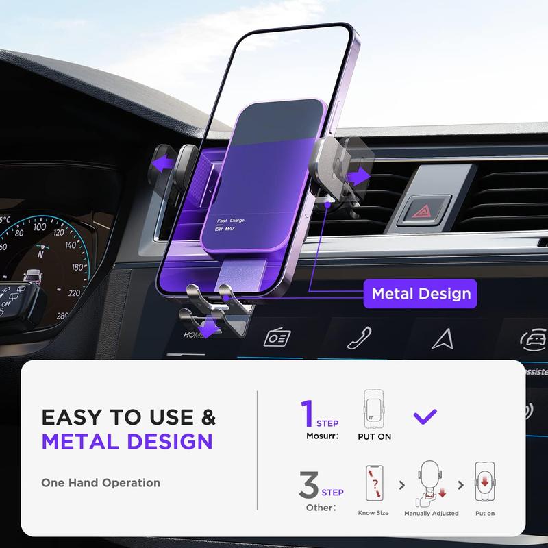 Wireless Car Charger,Mosurr 15W Auto Clamping Fast Charging Phone Holder Car Mount fit for iPhone 15 14 13 12 Pro Max Mini 11 XR XS, Samsung Galaxy S24 Ultra S23 S22 S21+ Note 20, etc , Car Accessories, Car Gadgets