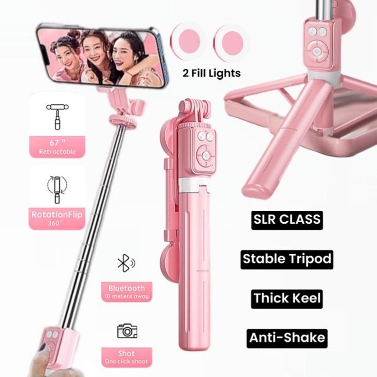 Selfie Stick Tripod Stand for cell phone, Extendable Travel Tripod Ring Light with Bluetooth Remote, 2 Fill Lights, Stable Tripod Stand (Compatible with all iphone & Android phones) Cell Phone Accessories Cellphone Smartphone selfiestick