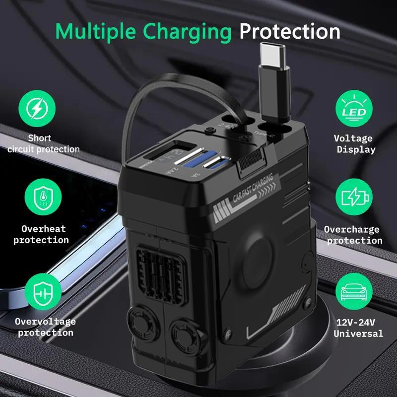 4 in 1 Retractable Car Charger, USB C Fast Charging Adapter, Fast Charging Adapter[Max100W] with Lightning Cable&Dual Charge Port Compatible with iPhone 15 14 13 Pro Max Plus iPad AirPods, Samsung Galaxy S23 S22 S10, Google Smartphone Cellphone