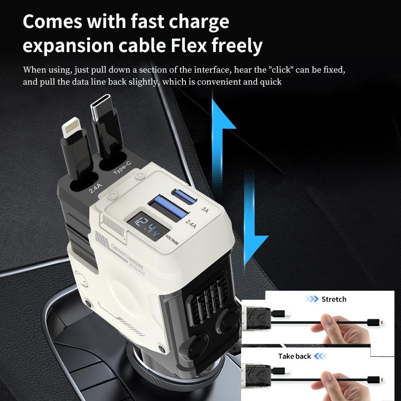 4 in 1 Retractable Car Charger, USB C Fast Charging Adapter, Fast Charging Adapter[Max100W] with Lightning Cable&Dual Charge Port Compatible with iPhone 15 14 13 Pro Max Plus iPad AirPods, Samsung Galaxy S23 S22 S10, Google Smartphone Cellphone