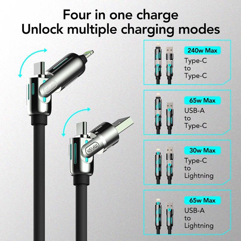 Black Friday PQRQP 4-in-1 Multi USB Charging Cable with USB A,Type C, Lightning -MAX 240W Fast Charging & Data Sync for iPhone 16 15, iPad Pro, Samsung & Laptops Smartphone Cellphone Charger Electronic