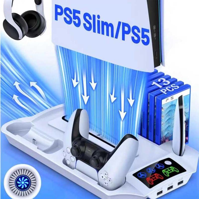 Cooling Fan & Controller Charger Stand for PS5 Console, 13 Game Slots & 3 Levels Adjustable Fans Speed Stand, Console Accessories for PS5