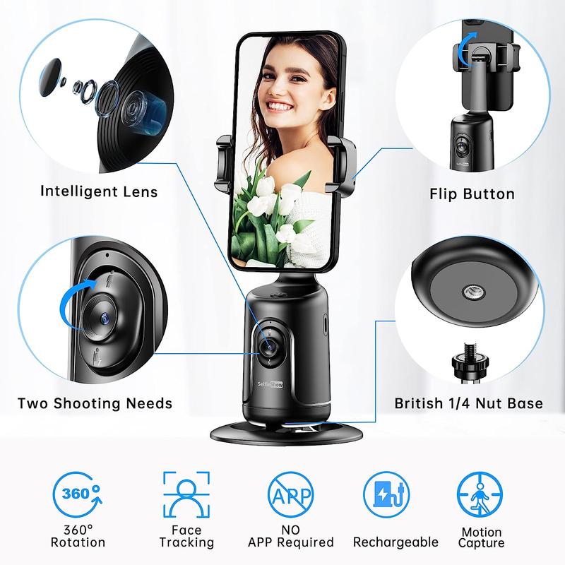 Auto Face Tracking Phone Holder, No App Required, 360° Rotation Face Body Phone Tracking Tripod Smart Shooting Camera Mount for Live Vlog Streaming Video, Rechargeable Battery, No App Required for 4''-7'' Phone Accessories Selfie