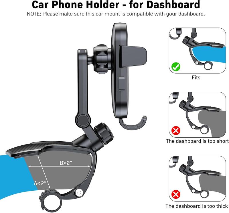 Car Dashboard Phone Holder Mount,  360 Degree Rotation Multifunctional Clip Design Phone Mount Compatible With 4-7 inch cellphones