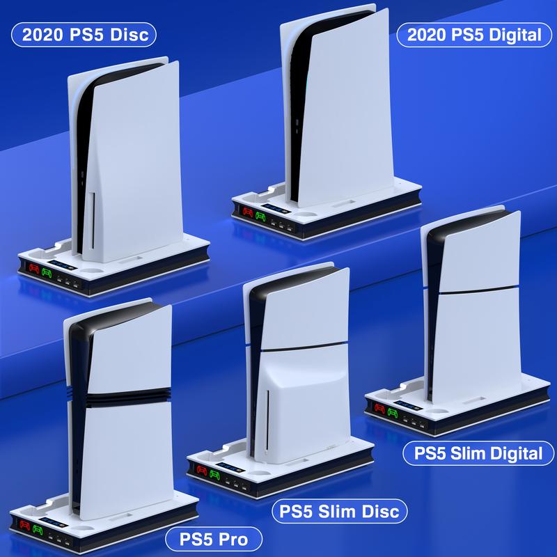 PS5 Stand and Cooling Station with Controller Charging Station for PS5 Pro PS5 Slim PS5, PS5 Accessories 3 Levels Cooling Fan, 3 USB Hub, Headset Holder, Media Slot for PS5 Disc Digital Console