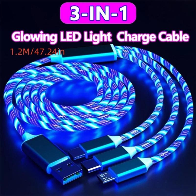 3-In-1 Charging Cable, Glowing LED Light Charging Cable, Durable Data Cable, Phone Accessories for iPhone Android Type C Mobile Phone