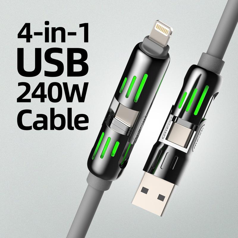 4-in-1 Multi USB Charging Cable with USB A,Type C, Lightning -MAX 240W Fast Charging & Data Sync for iPhone 16 15, iPad Pro, Samsung & Laptops