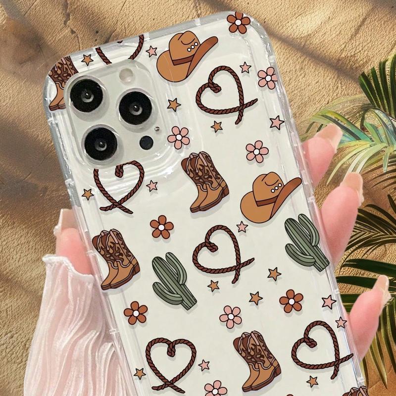 Cactus & Cowboy Hat Pattern Clear Phone Case, Western Style Decorative Phone Protector Cover, Phone Accessories Compatible with iPhone Series