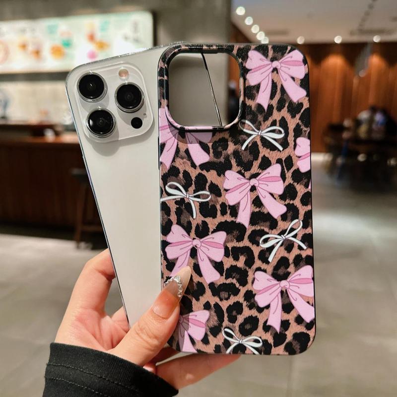 Fashion Bowknot & Leopard-pattern Phone Case, Shockproof Phone Protective Cover, Phone Accessory Compatible with iPhone 16 15 14 13 12 11 Plus Pro Pro Max