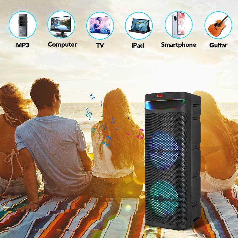 Portable Bluetooth PA Speaker System  Dual 10” Subwoofer Microphone FM Radio Remote Wireless Rechargeable Party Speaker Loud Stereo Sound Boombox peak power stereo speaker