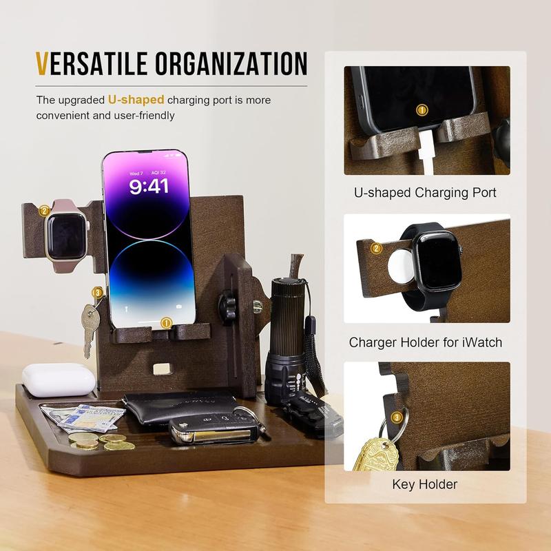 Phone Docking Station, Gifts for Men Nightstand Organizer Desk Organizer Beside Wallet Tray Watch Stand with  Rack, Anniversary Birthday Gifts for Dad Husband Boyfriend