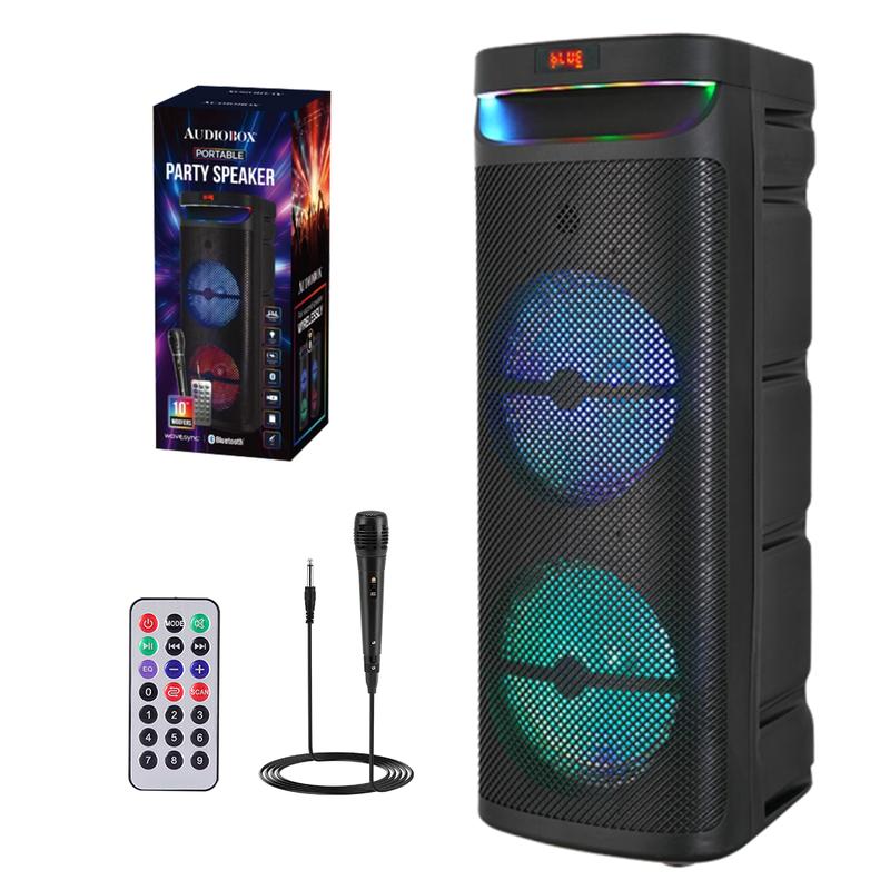 Portable Bluetooth PA Speaker System  Dual 10” Subwoofer Microphone FM Radio Remote Wireless Rechargeable Party Speaker Loud Stereo Sound Boombox peak power stereo speaker