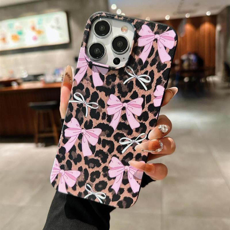 Fashion Bowknot & Leopard-pattern Phone Case, Shockproof Phone Protective Cover, Phone Accessory Compatible with iPhone 16 15 14 13 12 11 Plus Pro Pro Max