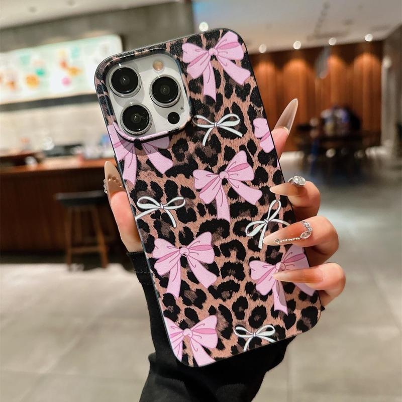 Fashion Bowknot & Leopard-pattern Phone Case, Shockproof Phone Protective Cover, Phone Accessory Compatible with iPhone 16 15 14 13 12 11 Plus Pro Pro Max