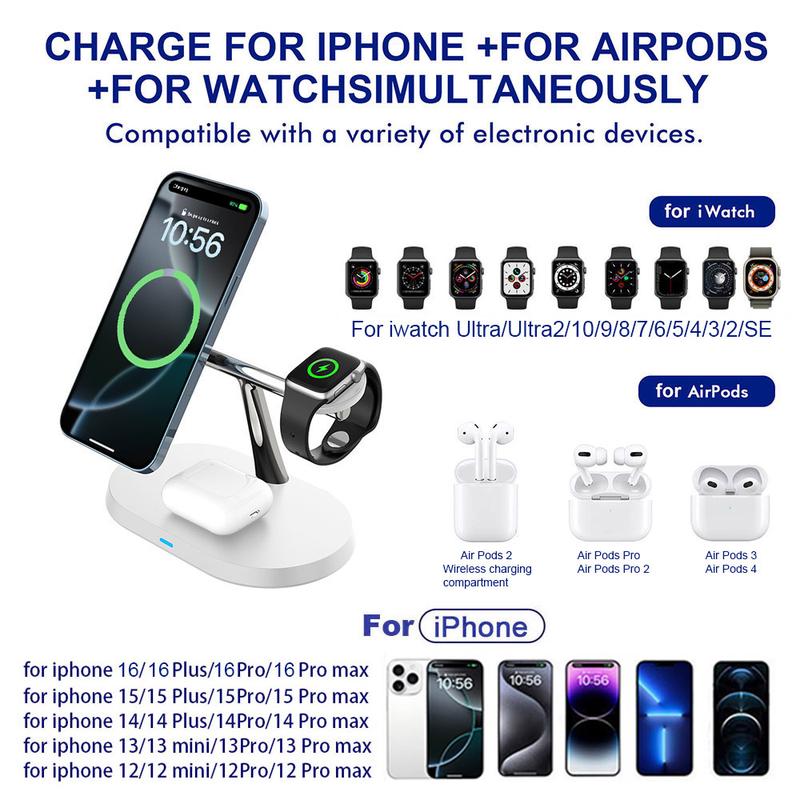 3 in 1 15W Magnetic Wireless Charger Stand Multifunctional Fast Charging Station for iPhone 16 15 14 13 12 Series & Apple Watch & AirPods