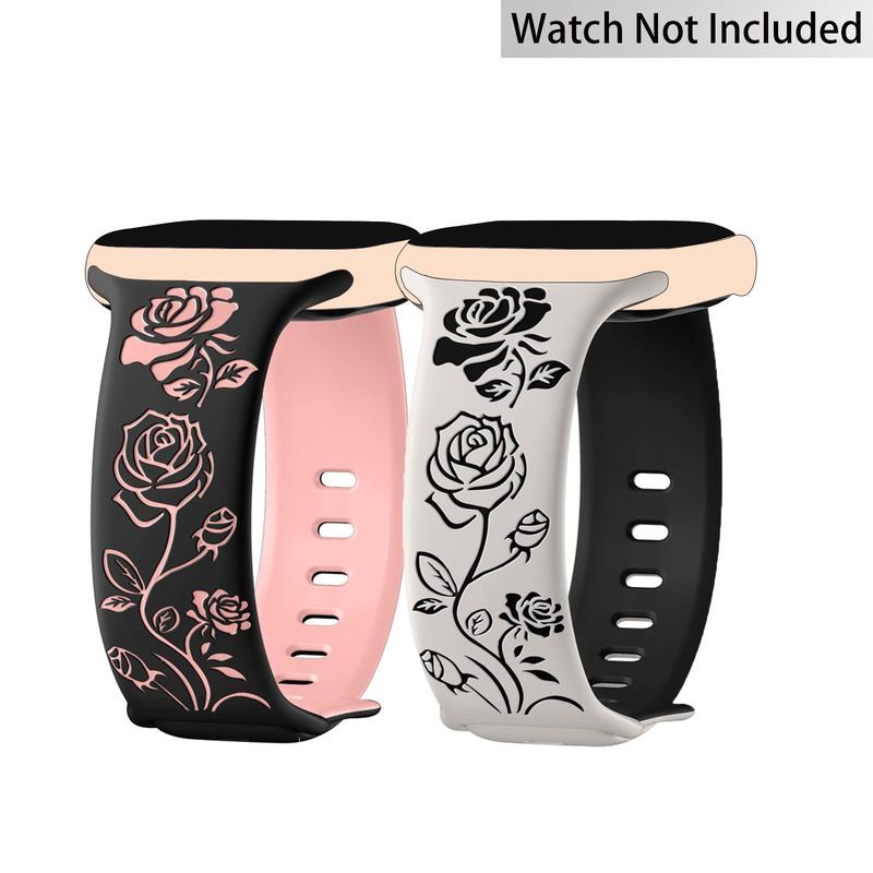 Floral Pattern Engraved Watch Band (Band Only), 2 Counts Cute Two Color Flower Soft Silicone Sport Watch Band for iWatch Series 9 8 7 6 5 4 3 2 1 SE Ultra 2, Smart Watch Accessories