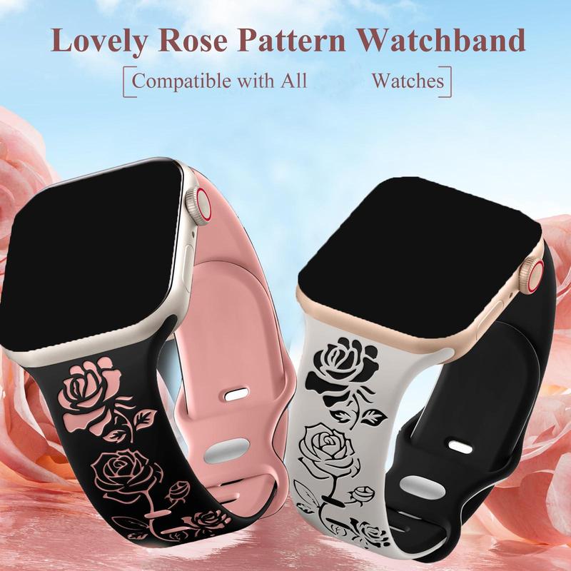 Floral Pattern Engraved Watch Band (Band Only), 2 Counts Cute Two Color Flower Soft Silicone Sport Watch Band for iWatch Series 9 8 7 6 5 4 3 2 1 SE Ultra 2, Smart Watch Accessories