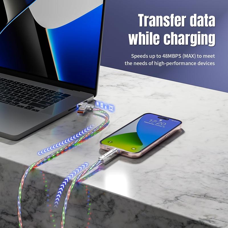 6.6FT 100W 4in1 Multi USB RGB LED Charging Cable with USB A,Type C, m fish Fast Charging Data for iPhone 16 15 14 13,iPad Pro,Samsung,letop，huawei,Android