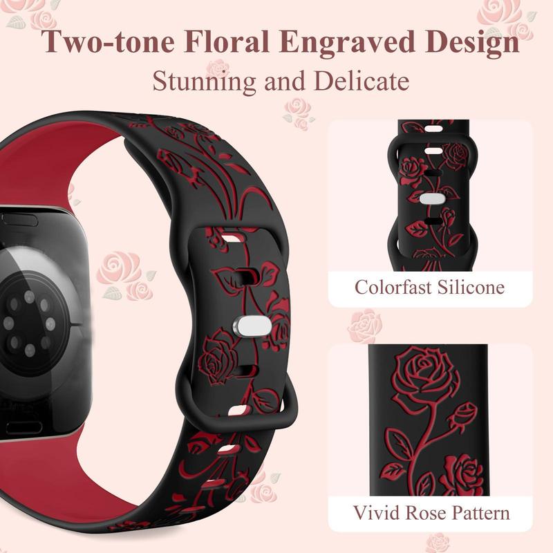 Floral Pattern Engraved Watch Band (Band Only), 2 Counts Cute Two Color Flower Soft Silicone Sport Watch Band for iWatch Series 9 8 7 6 5 4 3 2 1 SE Ultra 2, Smart Watch Accessories