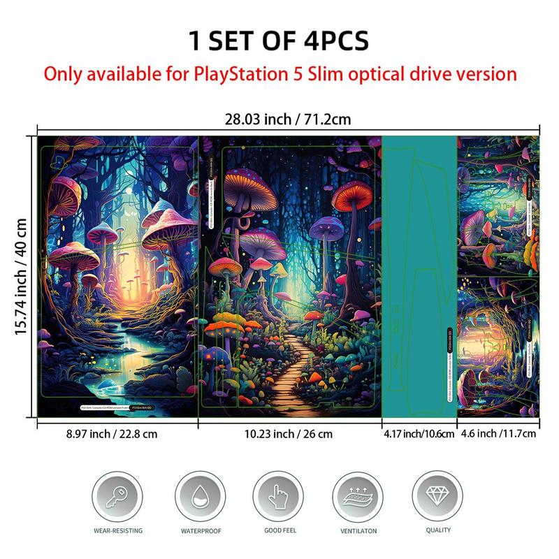 Mushroom Forest Pattern Game Console Sticker, 1 Set Self-adhesive Game Console Protector, Game Console Decorative Sticker for PS5 Slim