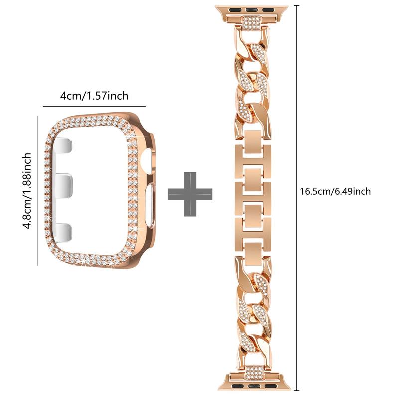 Artificial Rhinestone Decorated Case & Chain Watchband (Case & Band Only), Stainless Steel Sports Watch Band For Women, Fashionable Bling Watch Strap For iWatch Apple Watch Bands, Wearable Accessories for Apple Watch Band, Smart Wearable Devices