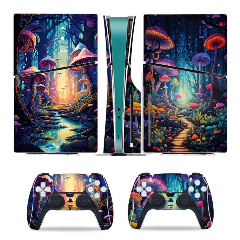 Mushroom Forest Pattern Game Console Sticker, 1 Set Self-adhesive Game Console Protector, Game Console Decorative Sticker for PS5 Slim