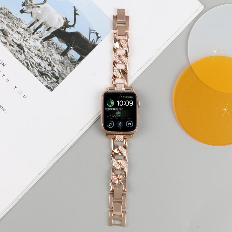 Artificial Rhinestone Decorated Case & Chain Watchband (Case & Band Only), Stainless Steel Sports Watch Band For Women, Fashionable Bling Watch Strap For iWatch Apple Watch Bands, Wearable Accessories for Apple Watch Band, Smart Wearable Devices