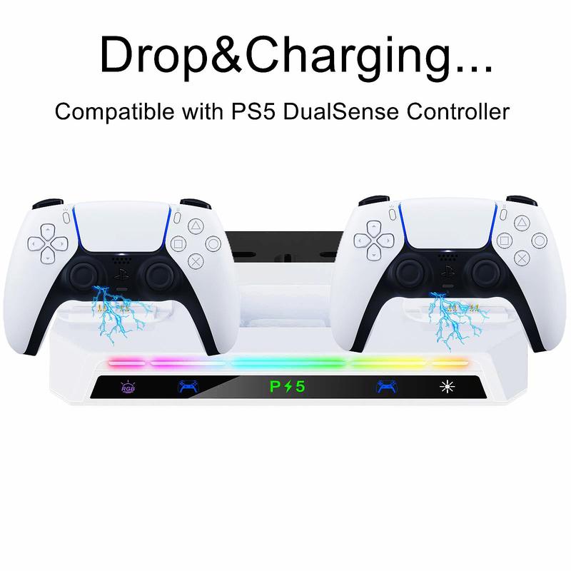 Wall Mount Kit for PS5 Slim with Charging Station, Dual Controller Chargers 9-Mode RGB Light Stand, Headphone Controller Storage