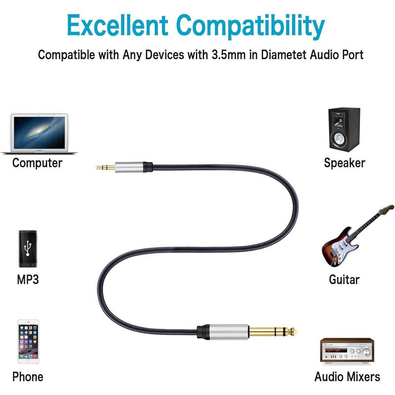 3.5mm to 6.35mm audio cable 6Ft, silver housing 3.5mm 1 8 