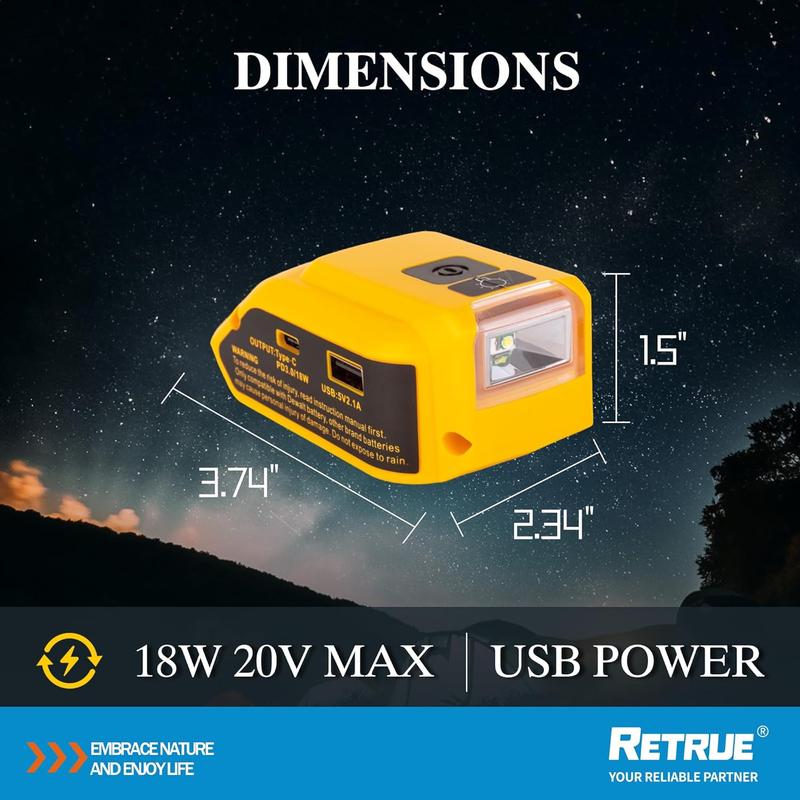 It converts Dewalt 14.4V、18V、20V battery power to USB and Type-C outputs for charging devices like phones and cameras, and includes a 200-lumen LED with (Just the product, no battery)