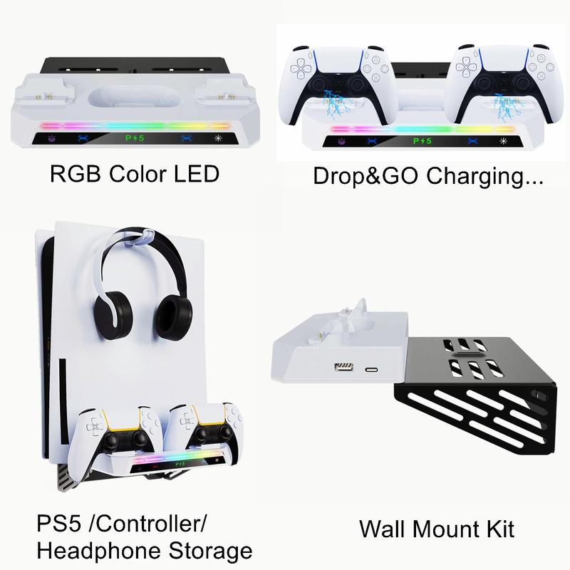 Wall Mount Kit for PS5 Slim with Charging Station, Dual Controller Chargers 9-Mode RGB Light Stand, Headphone Controller Storage