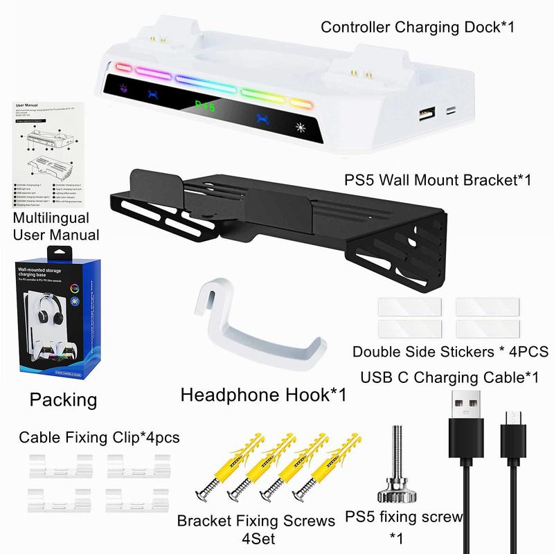 Wall Mount Kit for PS5 Slim with Charging Station, Dual Controller Chargers 9-Mode RGB Light Stand, Headphone Controller Storage