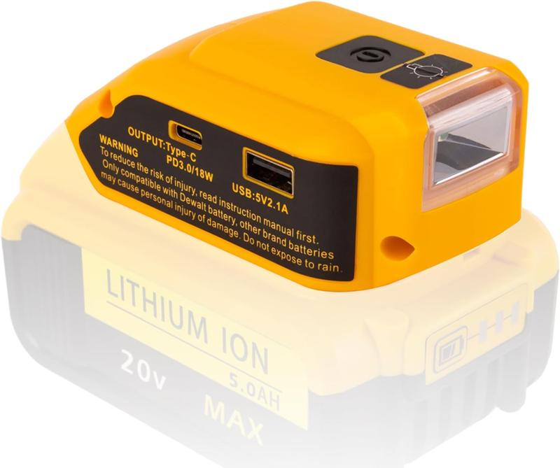 It converts Dewalt 14.4V、18V、20V battery power to USB and Type-C outputs for charging devices like phones and cameras, and includes a 200-lumen LED with (Just the product, no battery)